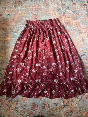 SHEIN Burgundy Floral Maxi Skirt with Ruffle Hem